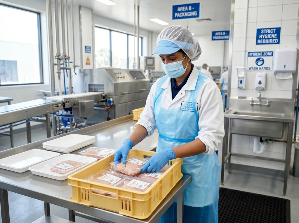 Reliable food production worker following PPE and hygiene rules in South-East Melbourne.