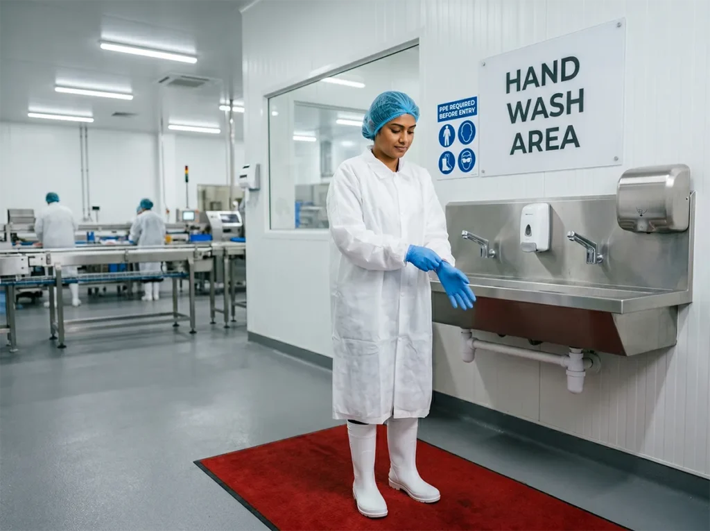Food production worker preparing with correct PPE in South-East Melbourne.