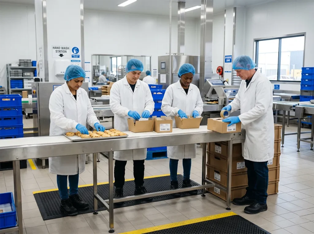 Food production workers following PPE rules on a clean line in South-East Melbourne.