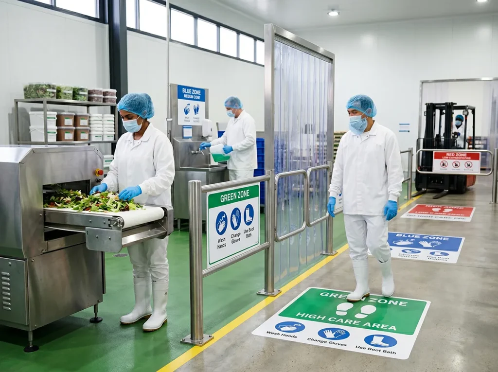 Food production workers following PPE and zone control rules in South-East Melbourne.