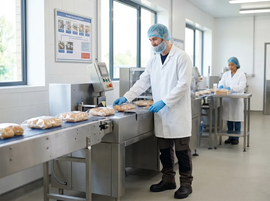 Casual worker operating correctly after readiness checks in food production.