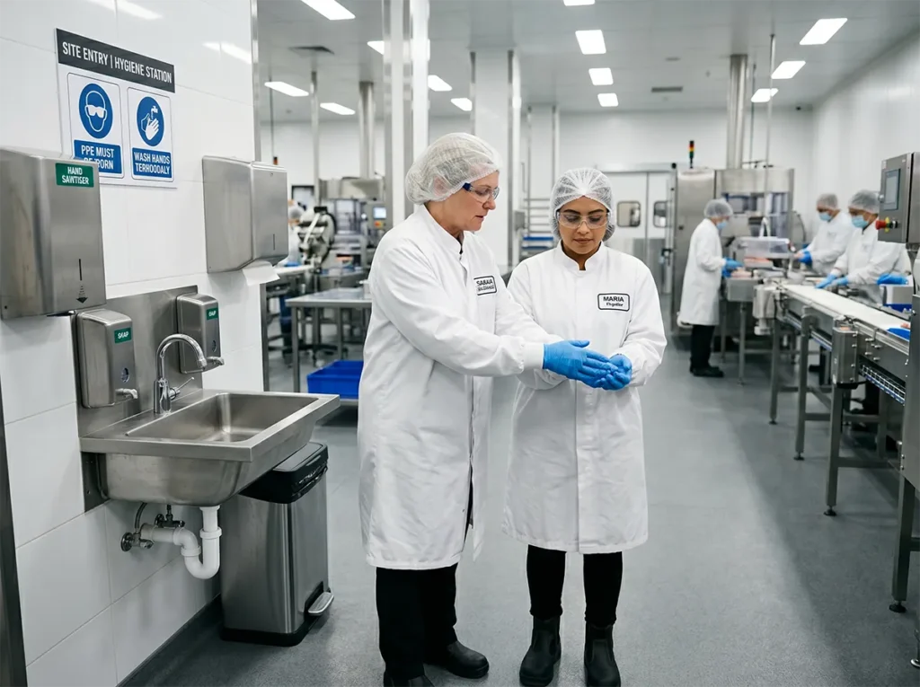 Supervisor demonstrating site-entry and hygiene steps in food production.