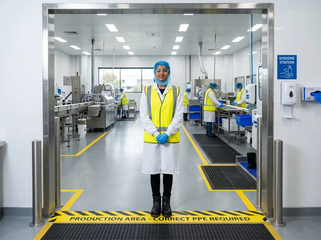 Worker fully prepared and ready to start in a food production environment.