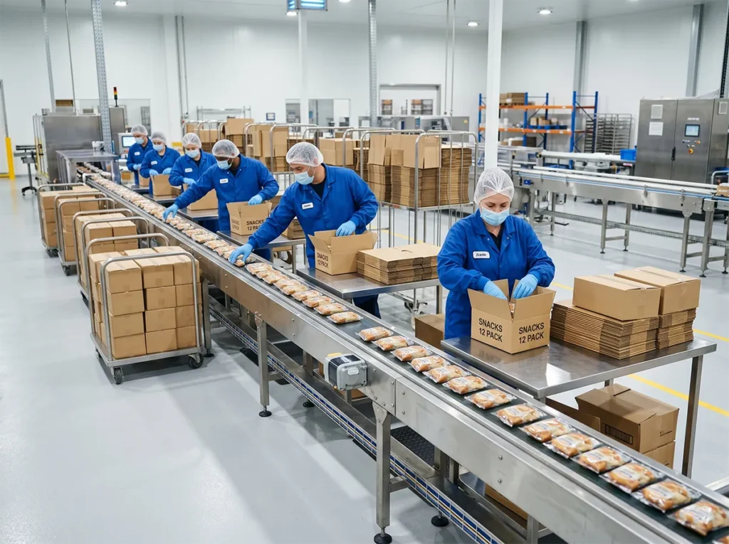 Repetitive packing and reaching work in food production.