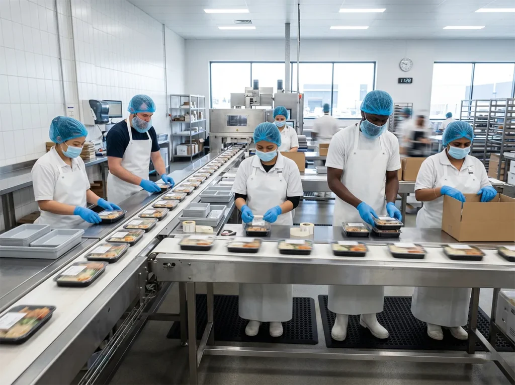 Repetitive packing workload in a controlled food production environment.