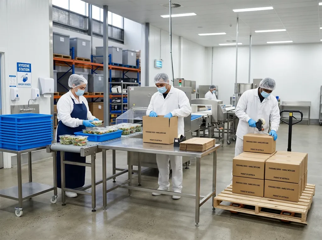 Workers repeatedly handling trays and cartons in food production.
