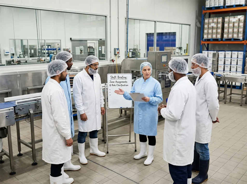 Workforce briefing about a food production role in a controlled site.