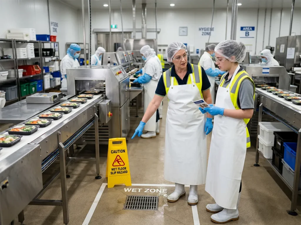 Supervisor explaining site-specific risks to a new food production worker.