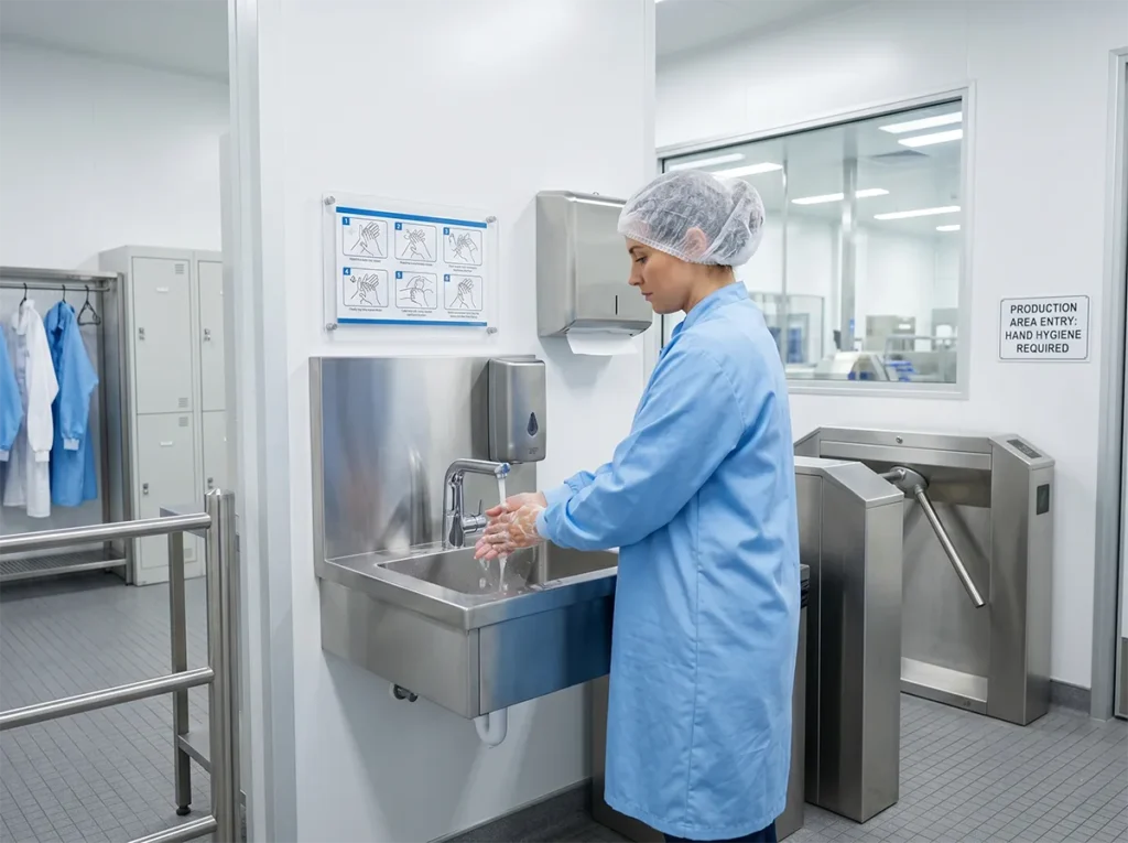 New worker following structured entry and PPE guidance in food production.