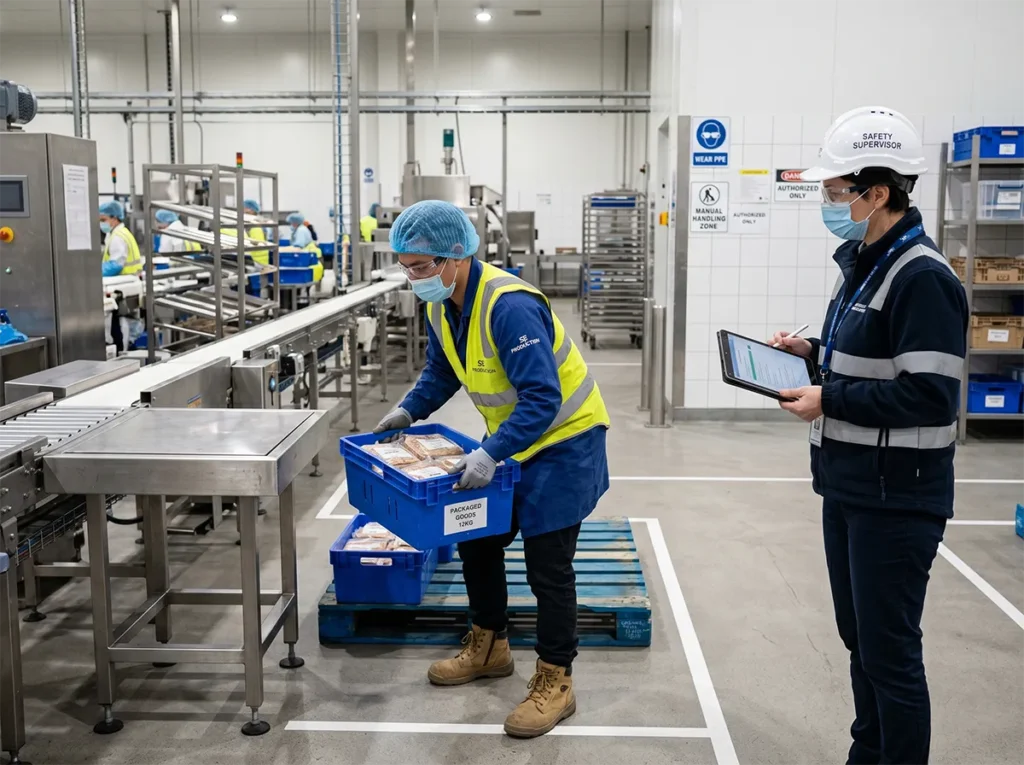 Supervisor observing safe manual handling in food production.