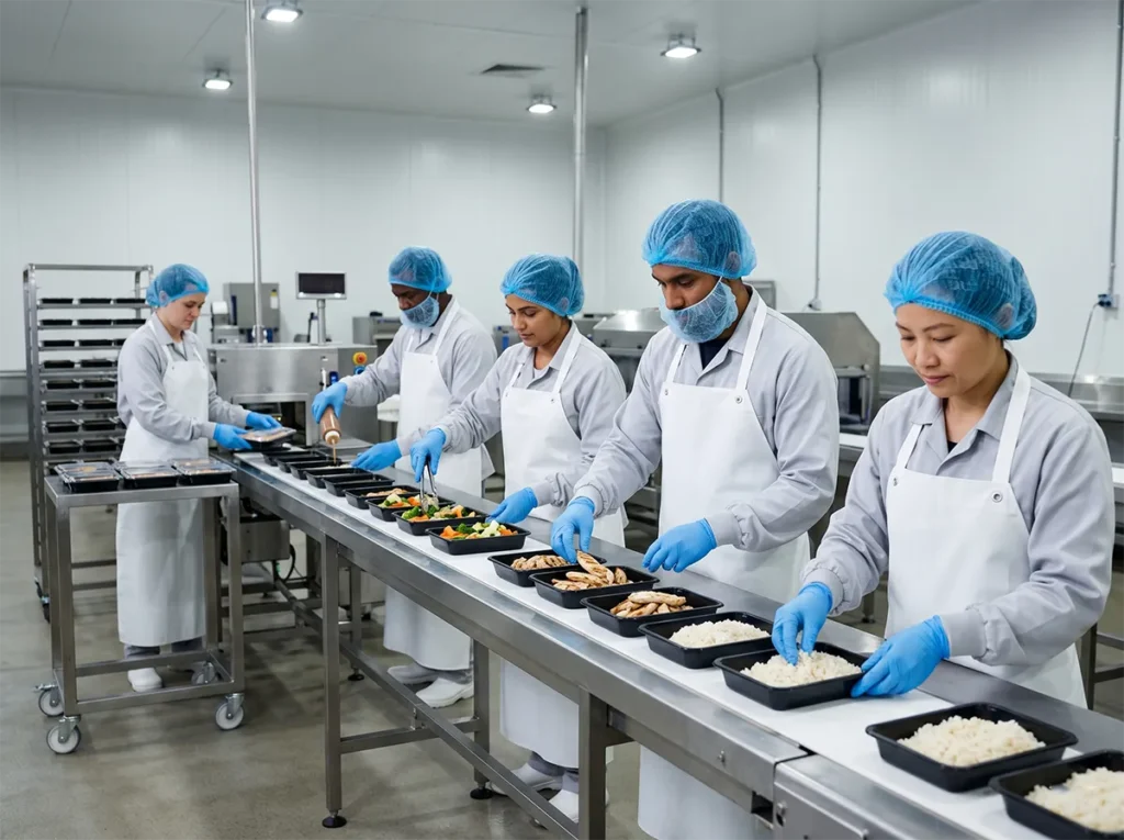 Food production team working steadily on a line in South-East Melbourne.