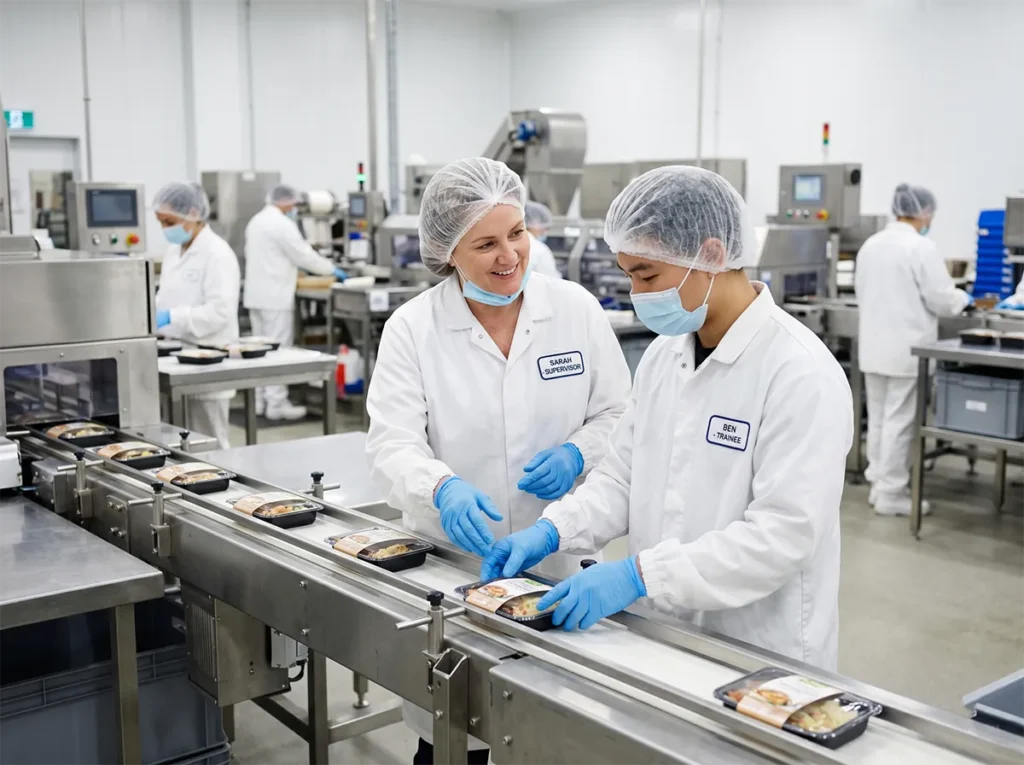 Supervisor visibly supporting a new worker during first shift in food production.