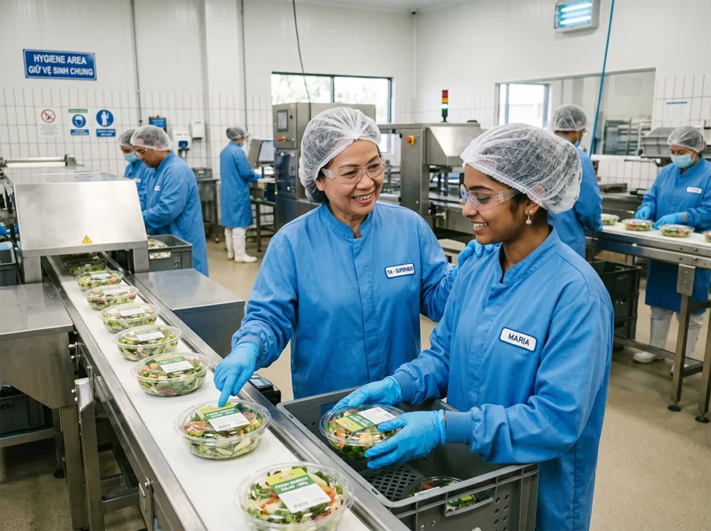 Supervisor visibly supporting a multilingual worker during first shift in food production.