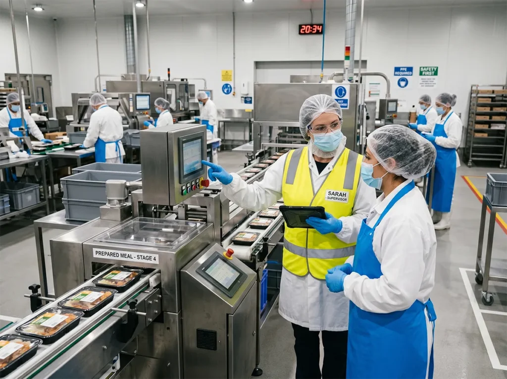 Supervisor monitoring workers during a later-stage food production shift.