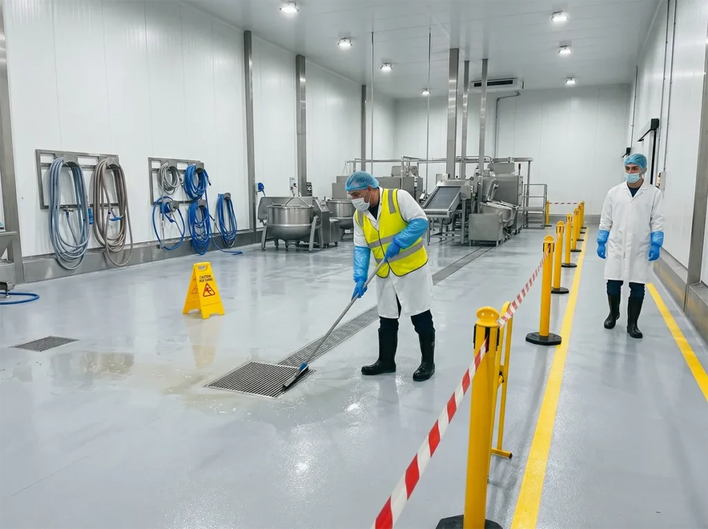 Controlled washdown zone in a food production site.