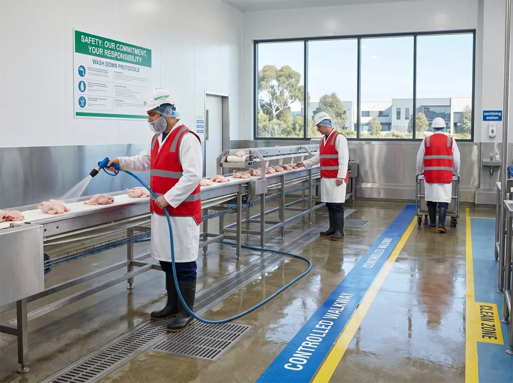 Controlled wet area and washdown conditions in food production.