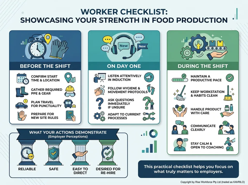 A professional checklist infographic for food production workers divided into four sections: 'Before the Shift', 'On Day One', 'During the Shift', and 'What Employers Value', with modern icons and actionable steps.
