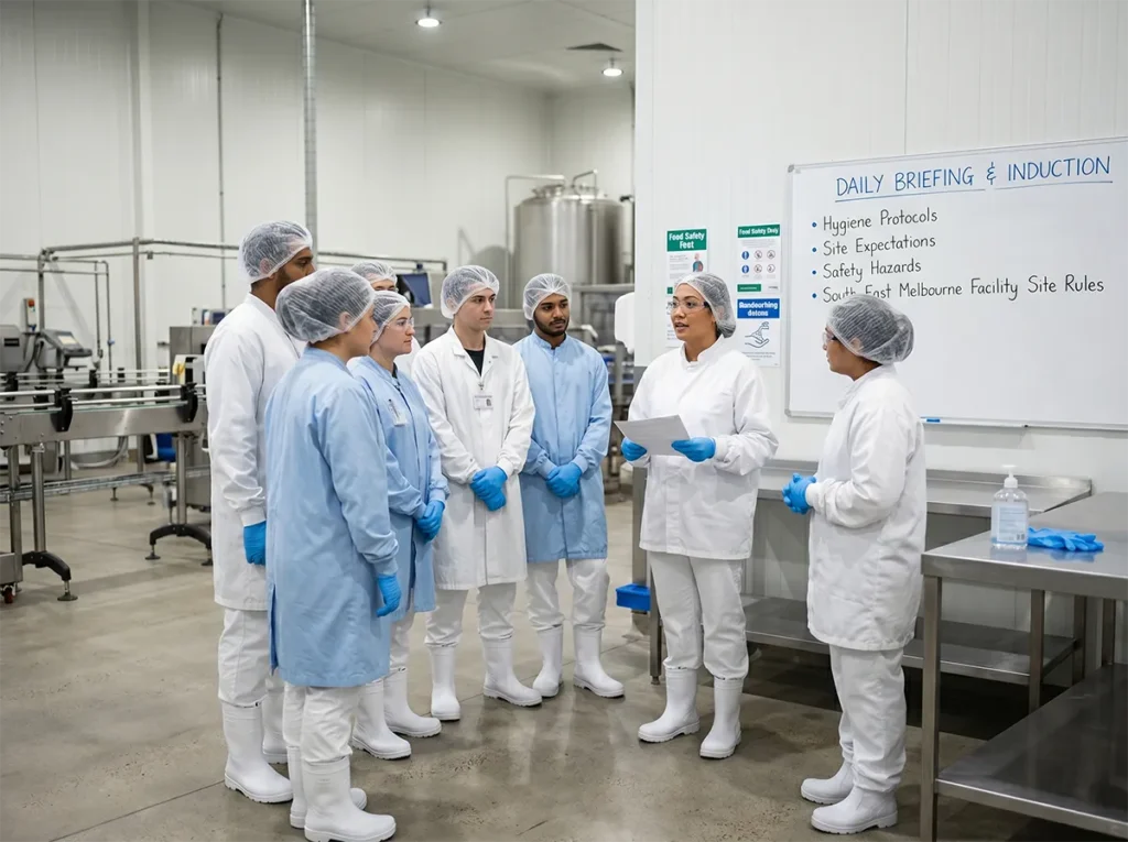 Workers attending a food production induction in South-East Melbourne.