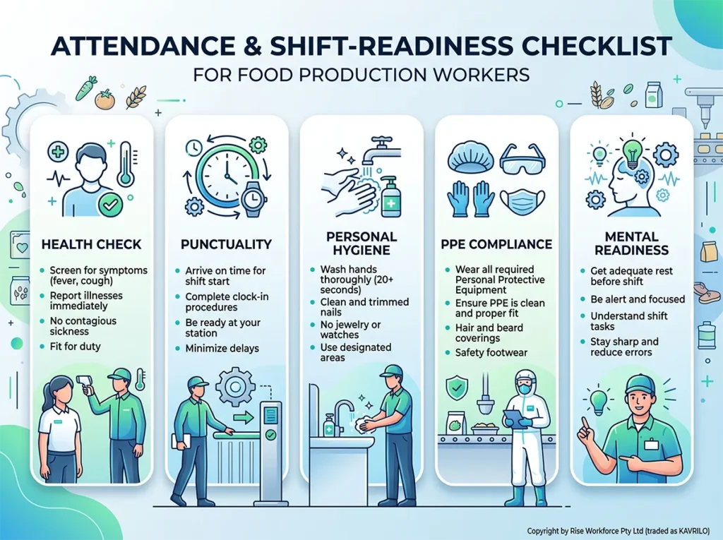 A professional modern corporate infographic detailing a simple shift-readiness checklist for food production workers in a clean factory environment. 