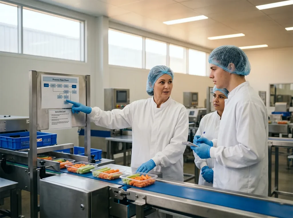 Supervisor explaining production line workflow to workers in South-East Melbourne.