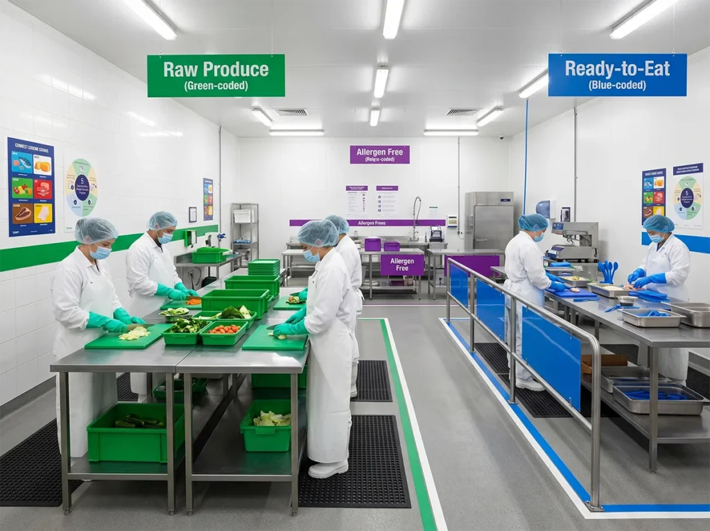 Food production workers following hygiene zone and allergen control rules in South-East Melbourne.