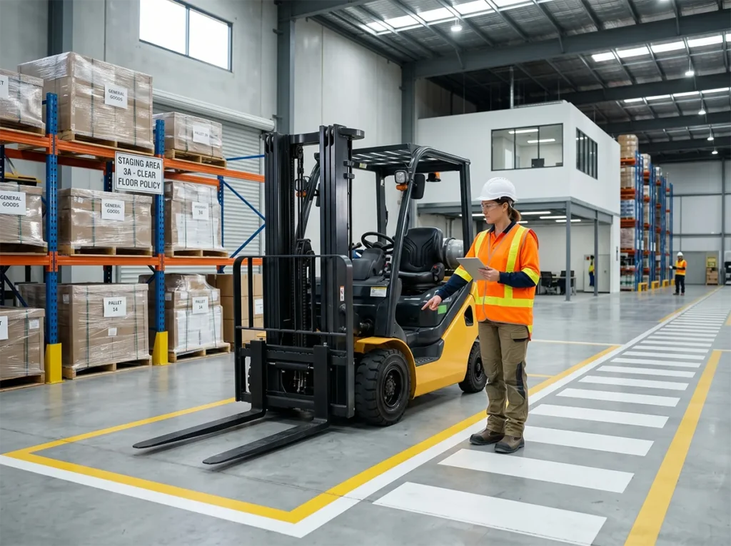 Forklift operator reviewing the startup area around the machine in South-East Melbourne.