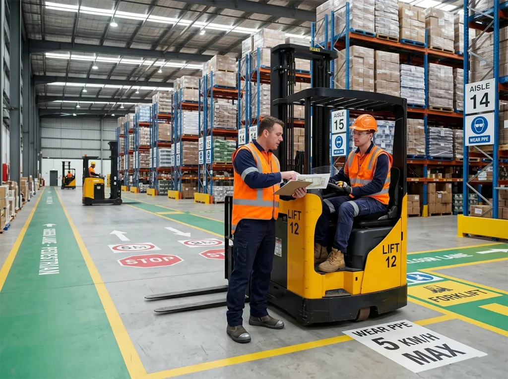 Supervisor briefing a forklift operator on site rules before shift start in South-East Melbourne.