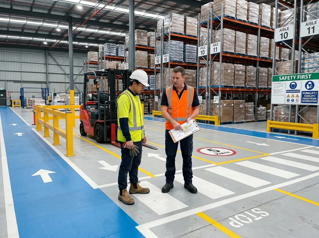 Supervisor explaining warehouse traffic routes to a forklift operator in South-East Melbourne.