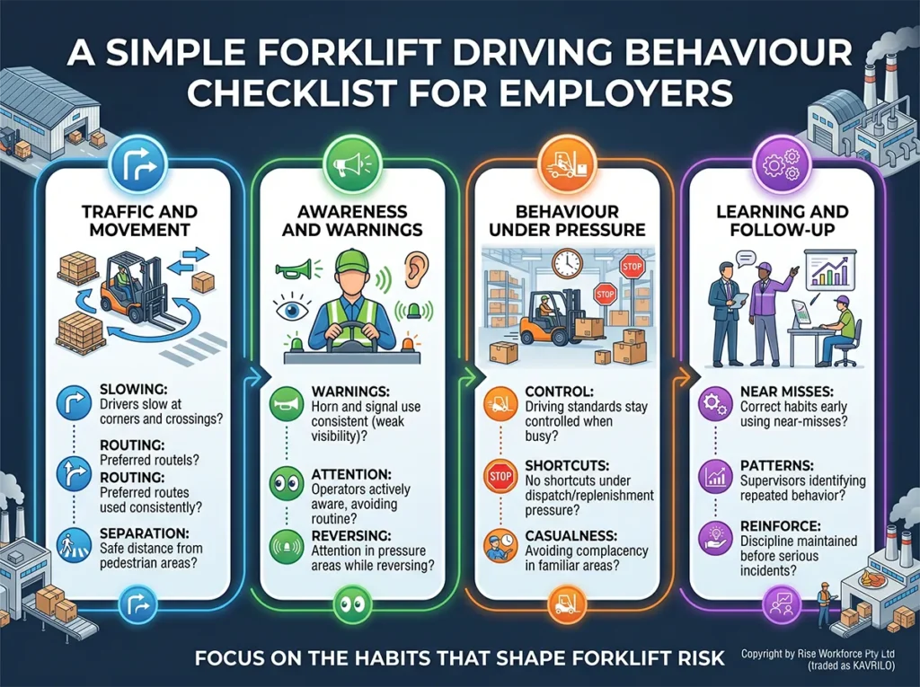 An infographic detailing a forklift driving behavior checklist for employers, divided into four sections: Traffic and Movement, Awareness and Warnings, Behavior Under Pressure, and Learning and Follow-Up.