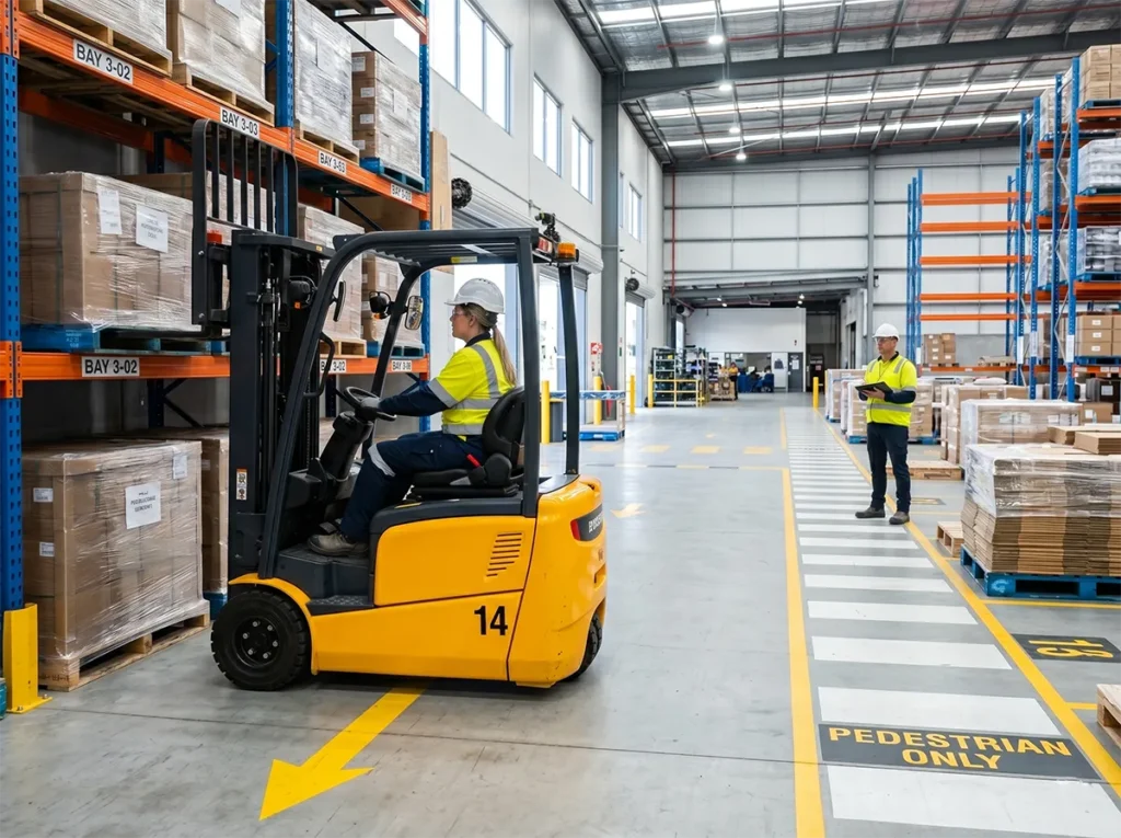 Supervisor observing a forklift operator during early shift in a South-East Melbourne warehouse.