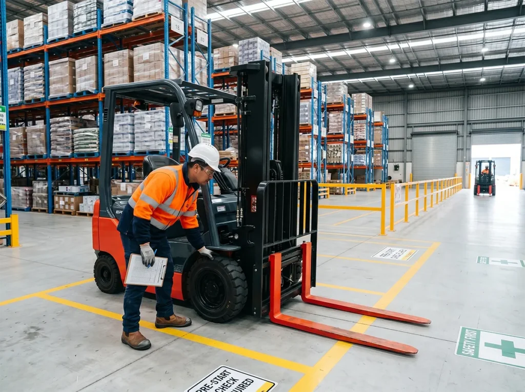 Forklift operator checking forks and tyres before shift start in South-East Melbourne.