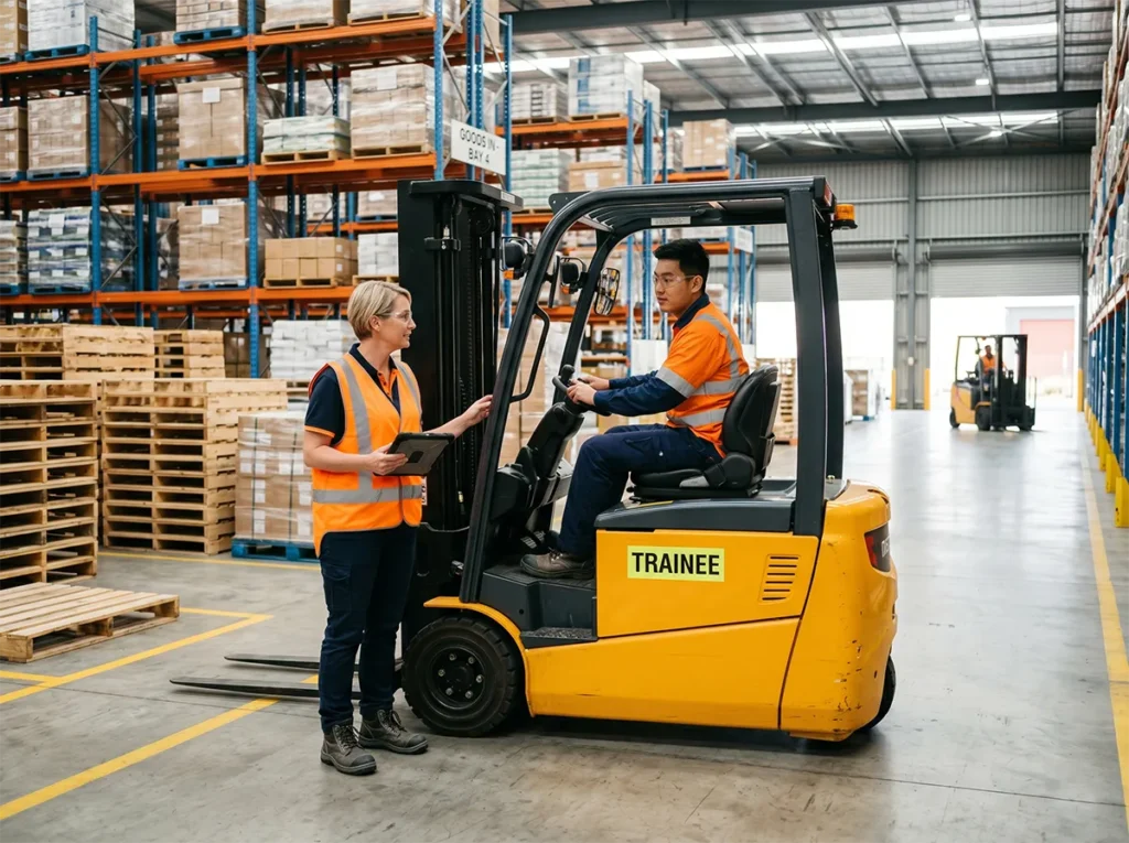 Supervisor supporting a new forklift operator during early shift in South-East Melbourne.