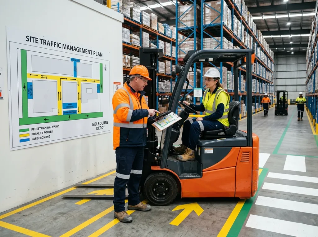 Forklift labour hire operator being briefed on first-shift traffic rules in South-East Melbourne.