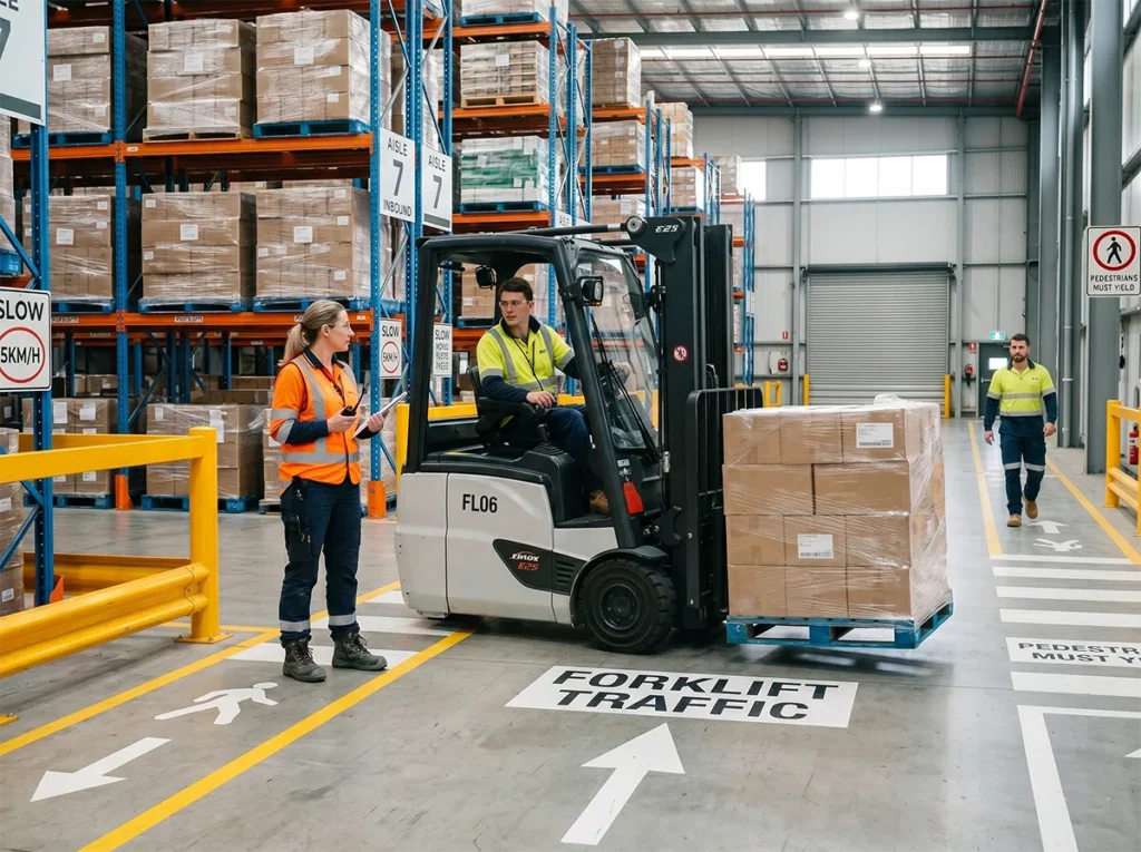 Supervisor supporting a forklift labour hire operator during early shift in South-East Melbourne.