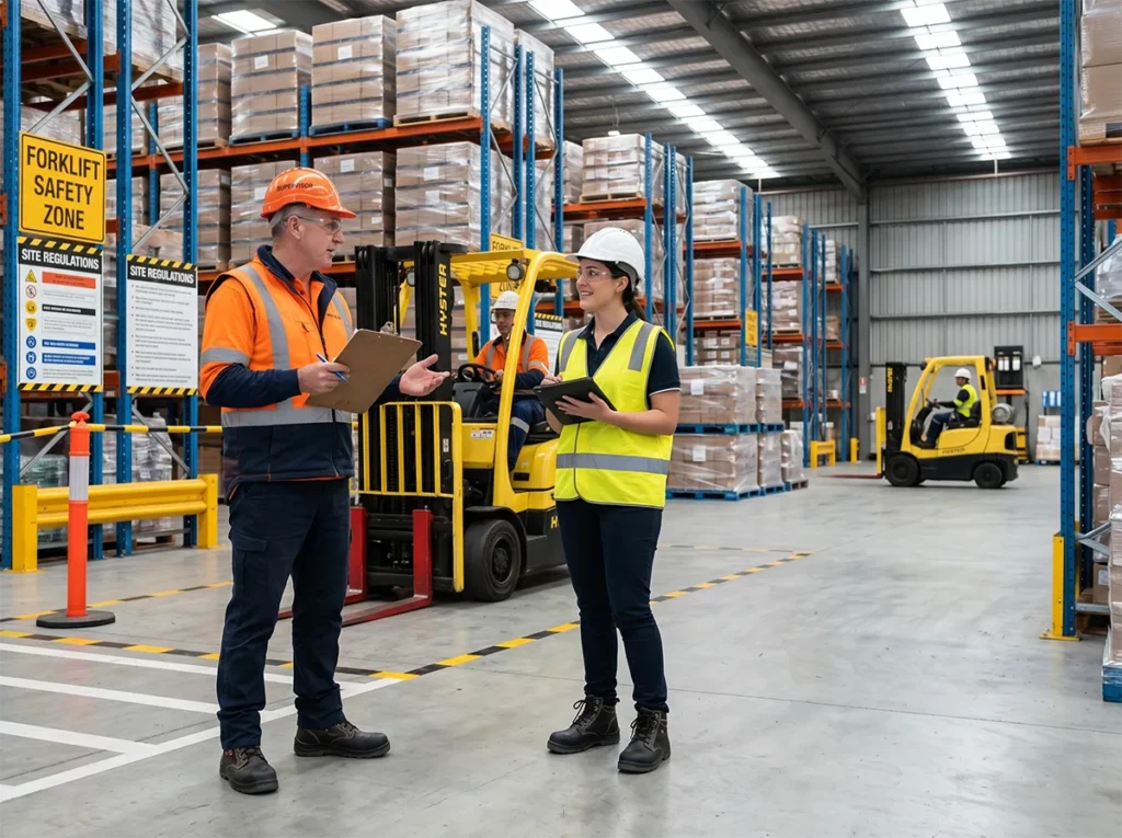Warehouse manager discussing forklift role and site conditions with a labour hire representative in South-East Melbourne.