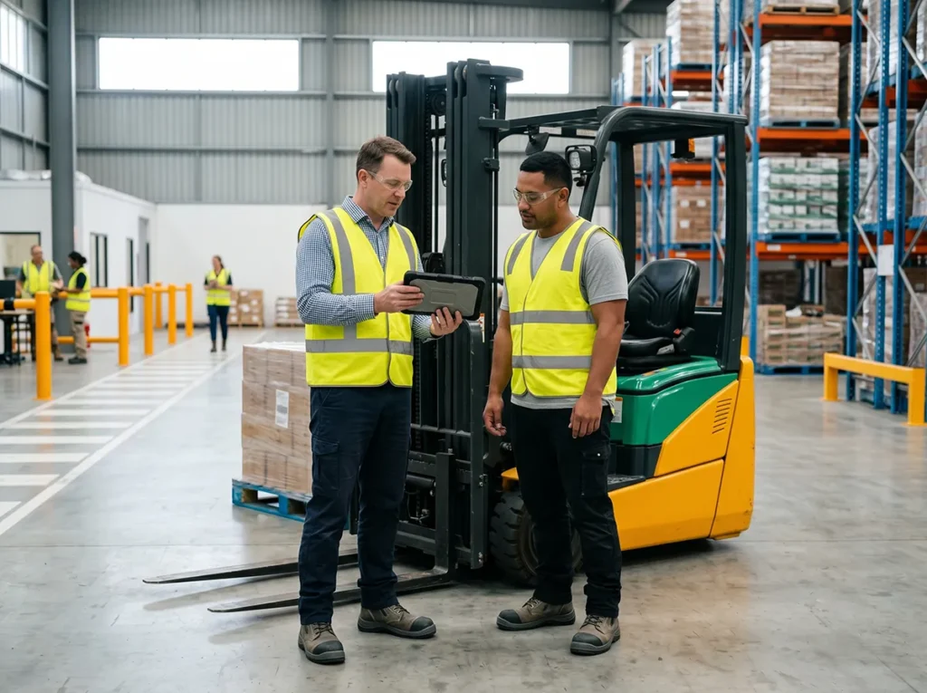 Warehouse supervisor reviewing forklift role and shift details with an operator in South-East Melbourne.