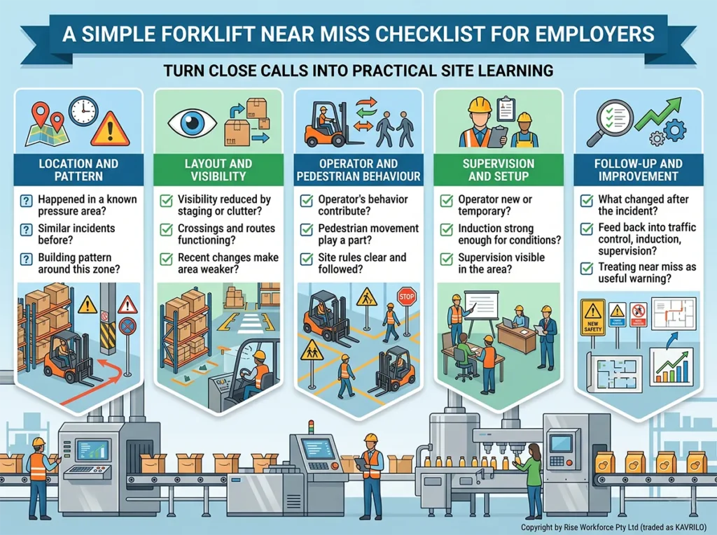An infographic detailing a five-part checklist for employers following a forklift near miss incident, covering Location and Pattern, Layout and Visibility, Operator and Pedestrian Behaviour, Supervision and Setup, and Follow-Up and Improvement.