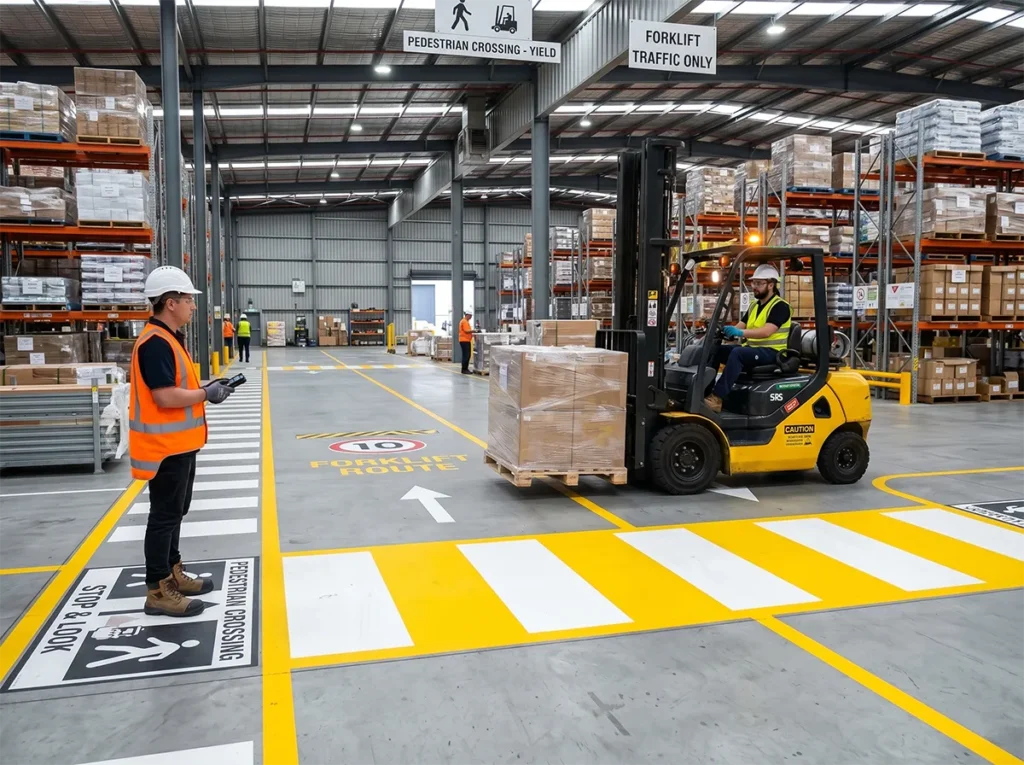 Warehouse traffic area showing forklift and pedestrian near miss risk points in South-East Melbourne.