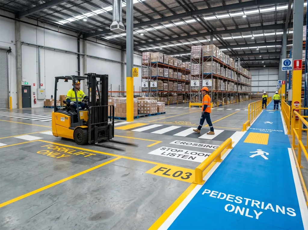 Clear forklift and pedestrian separation inside a warehouse in South-East Melbourne.