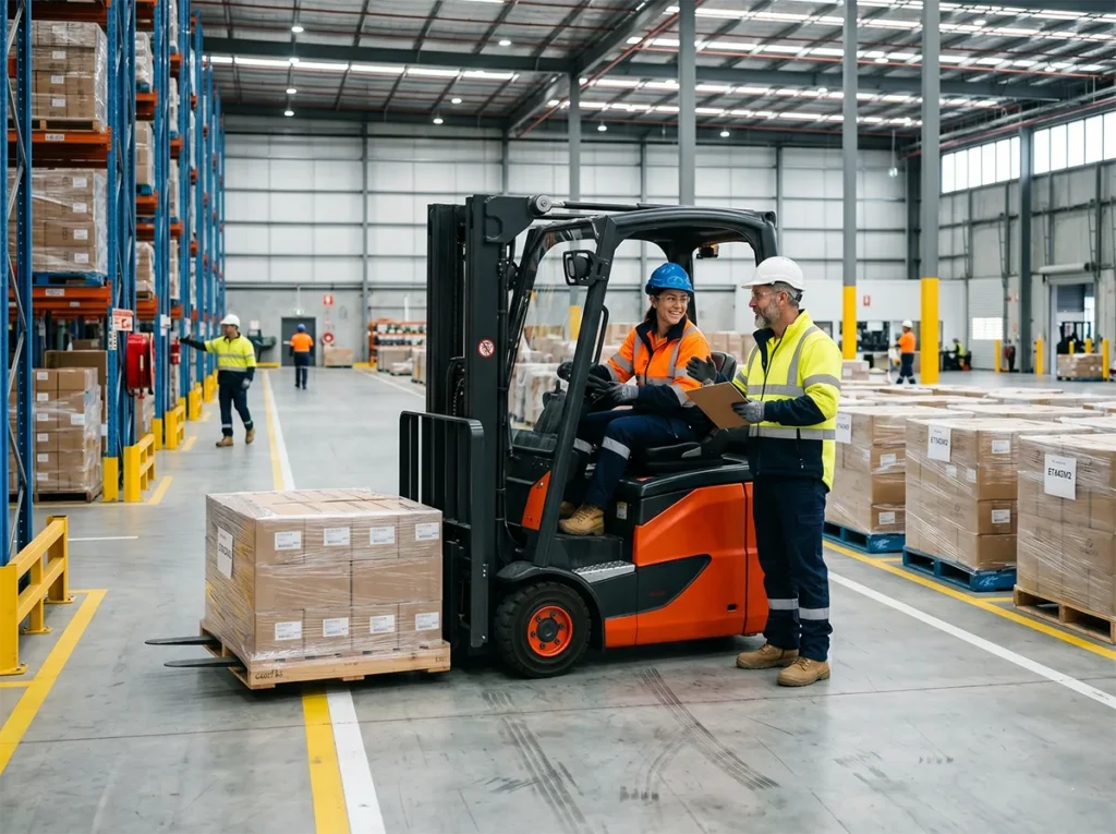 Supervisor visibly supporting a forklift operator during early shift in South-East Melbourne.