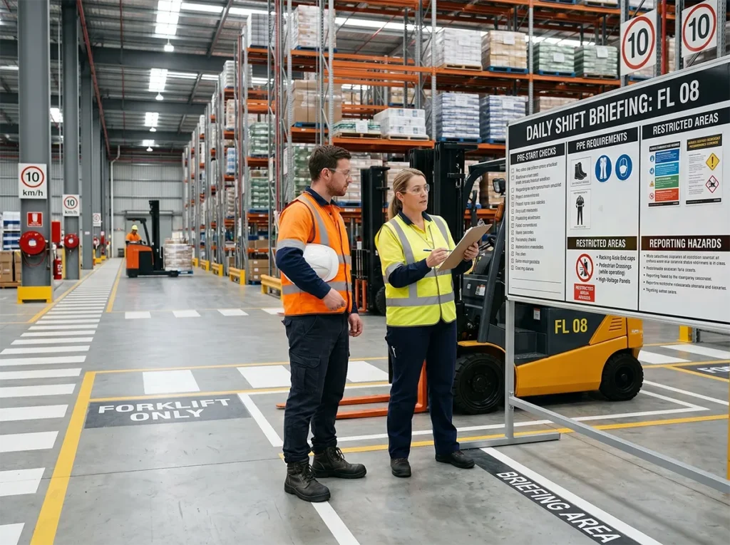 Forklift operator receiving a pre-start and site rules briefing in South-East Melbourne.
