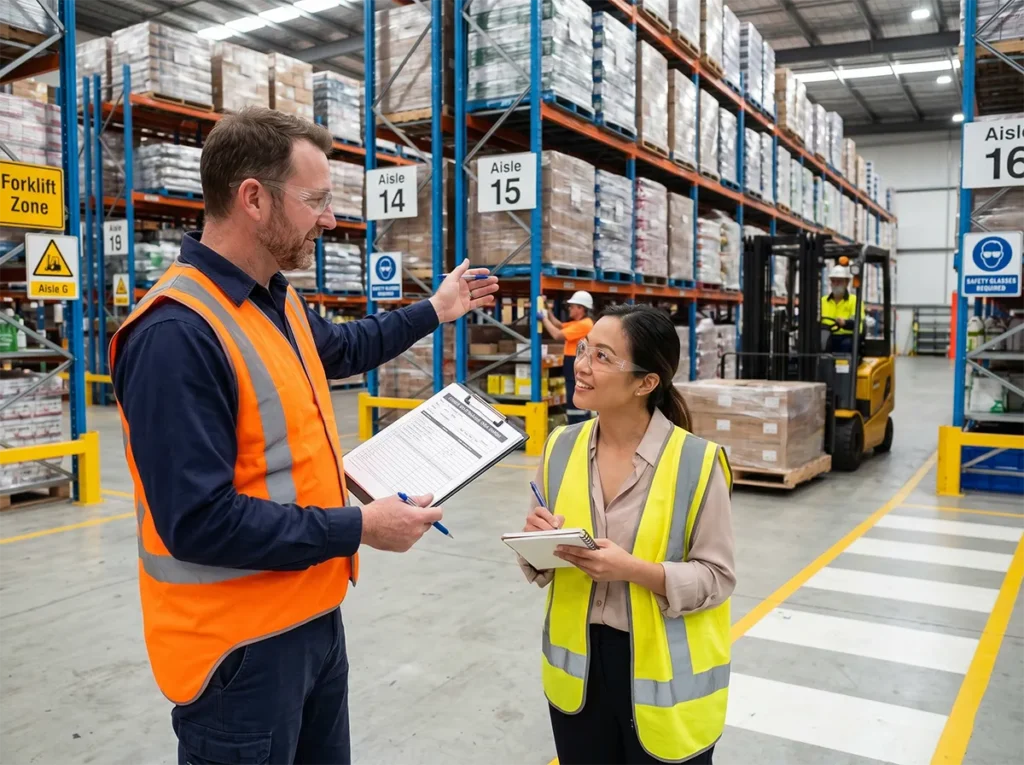 Warehouse manager discussing forklift role details and site conditions in South-East Melbourne.