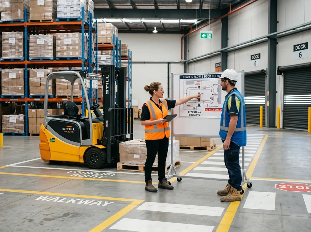 Supervisor explaining forklift routes and dock rules before shift start in South-East Melbourne.