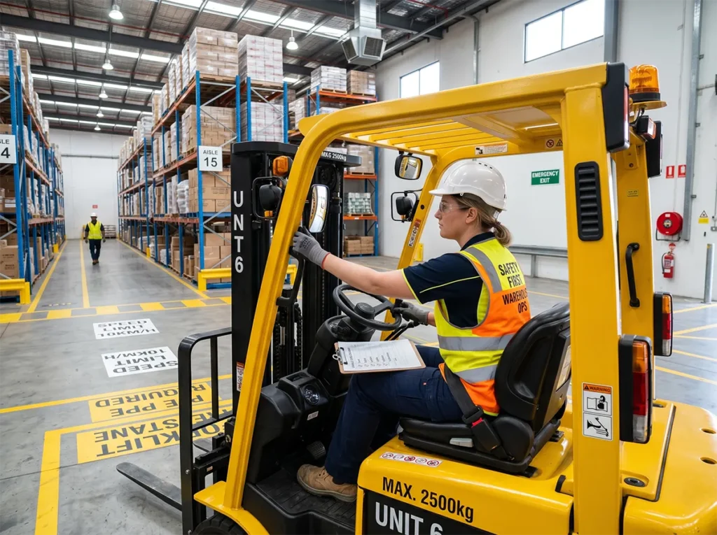 Forklift operator checking horn, lights, and controls before shift start in South-East Melbourne.