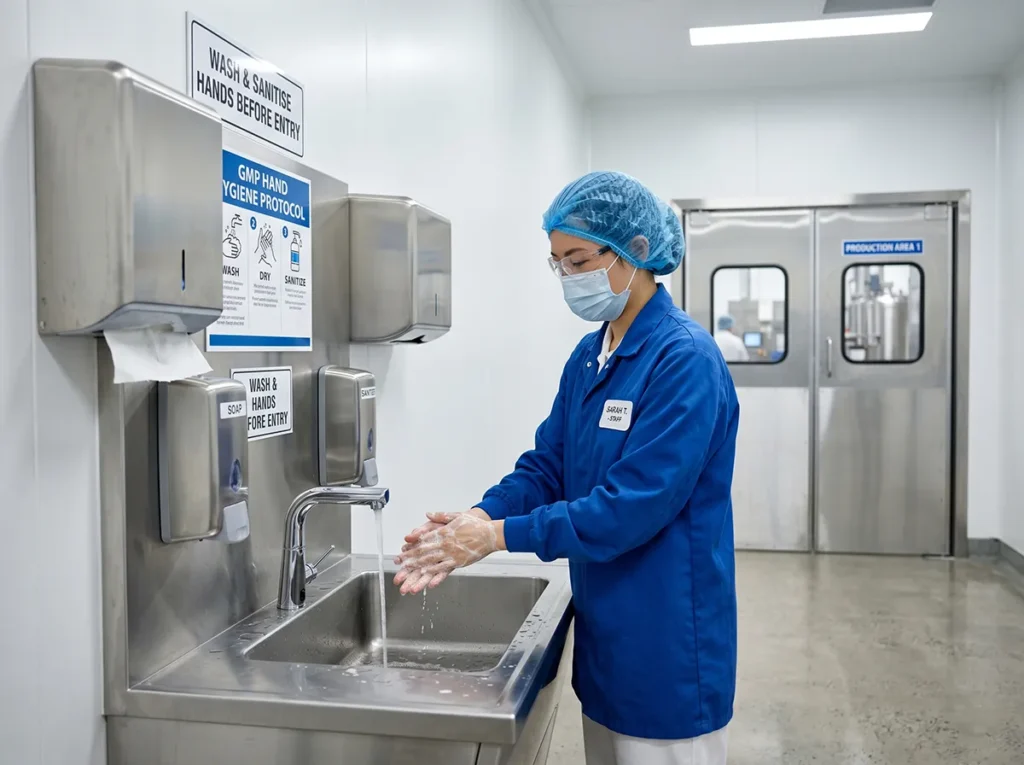 Food production worker washing hands at a hygiene station before shift in South-East Melbourne.