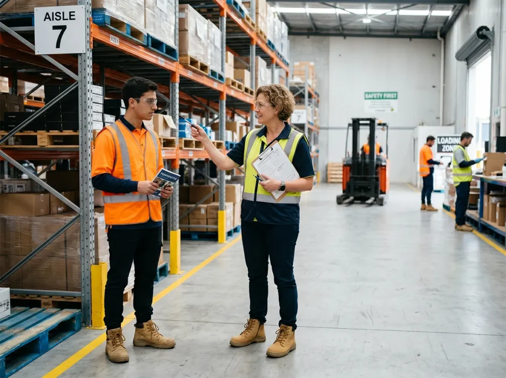 Host employer briefing a labour hire worker on day one in South-East Melbourne.