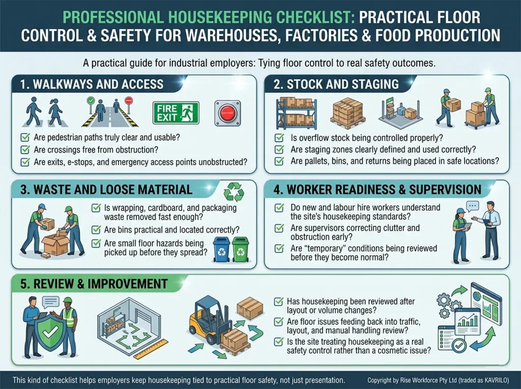 An infographic detailing a practical housekeeping checklist for employers in warehouses, factories, and food production areas, covering safety topics like walkway clearance, stock management, and waste removal.