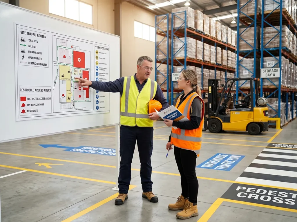 Supervisor explaining traffic routes and site rules to a new labour hire worker in South-East Melbourne.