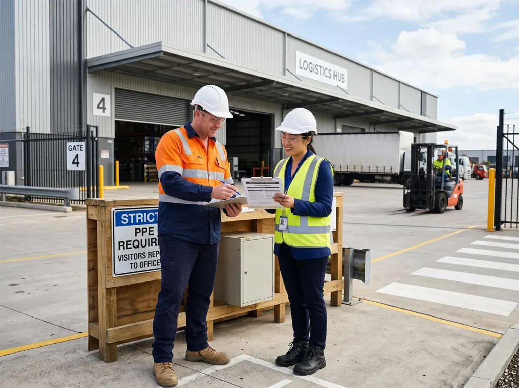 Site supervisor and labour hire representative reviewing safety requirements at a warehouse.