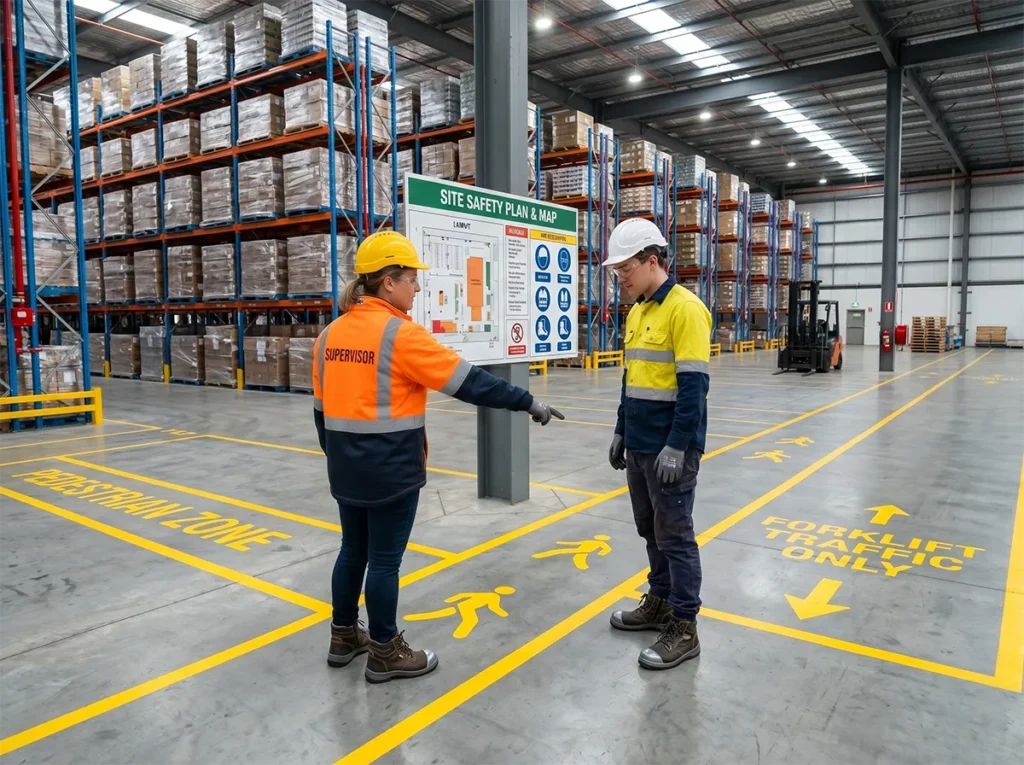 Supervisor showing traffic routes and PPE rules to a labour hire worker in South-East Melbourne.